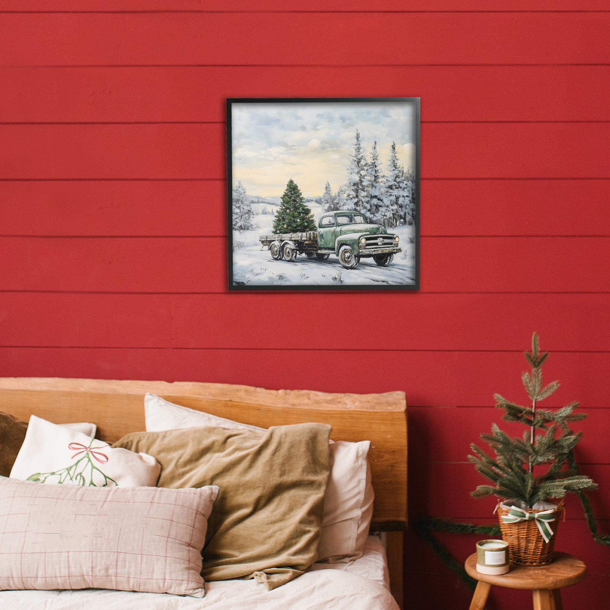 Green Christmas Tree Truck Black Framed Giclee Art, design by Petal Prints Design
