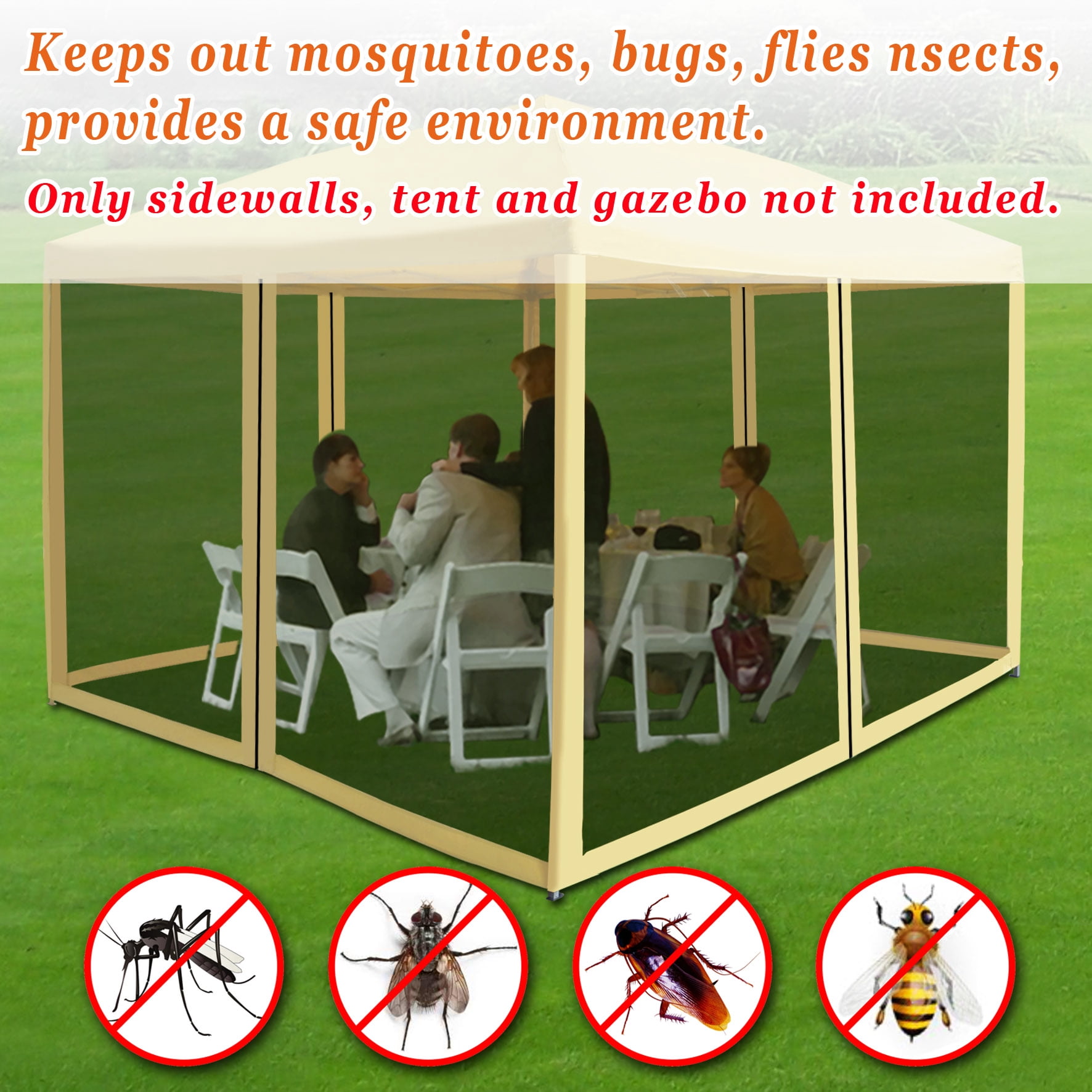 Sunny Replacement Mosquito Netting for 8 x 8 Gazebo, Zippered Mesh Sidewalls, Pack of 4