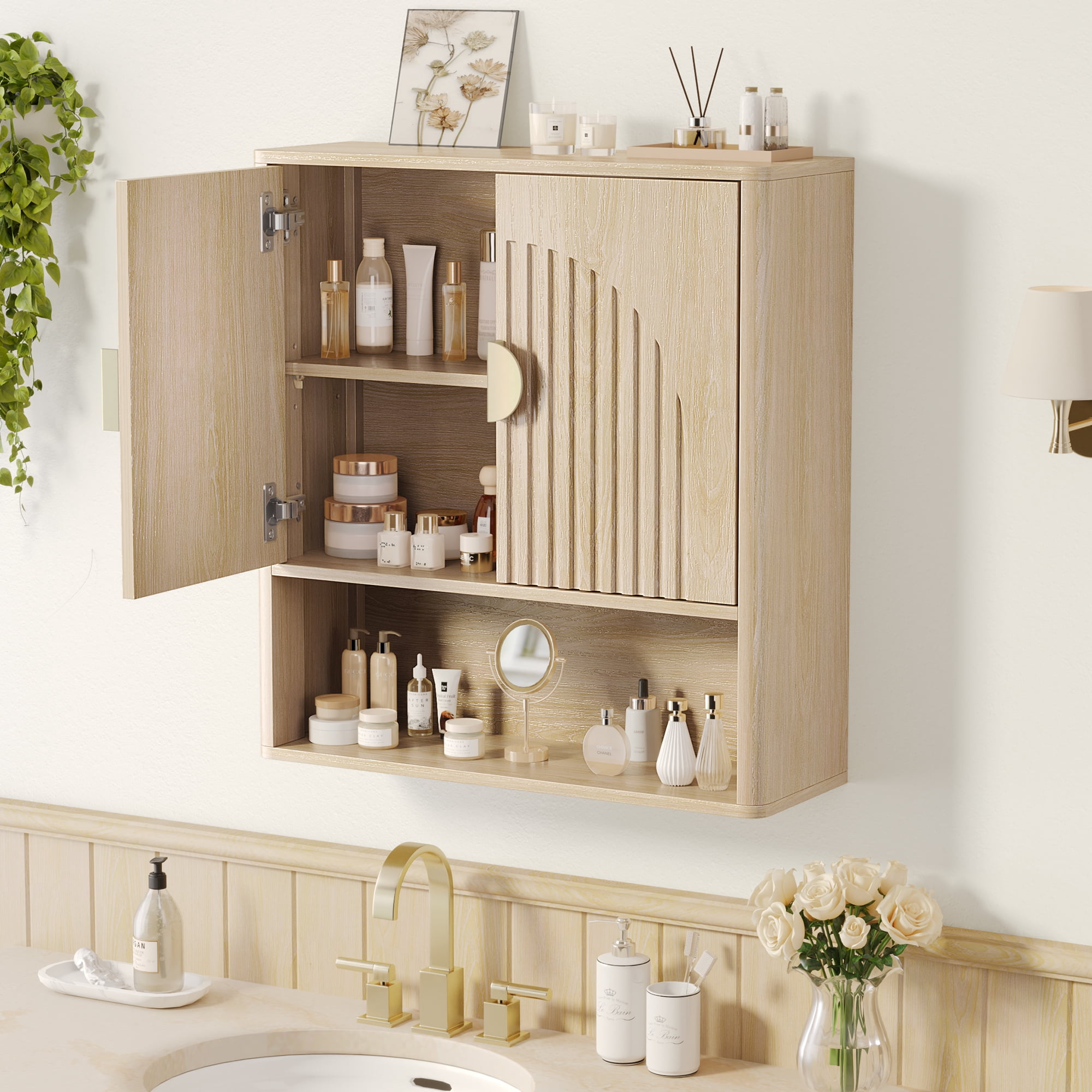 Laintene Bathroom Wall Cabinet, over the Toilet Storage Cabinet with Arched Doors & Adjustable Shelf, Wall Mounted Medicine Cabinet for Bathroom, Laundry Room, Kitchen, Living Room, Natural Oak