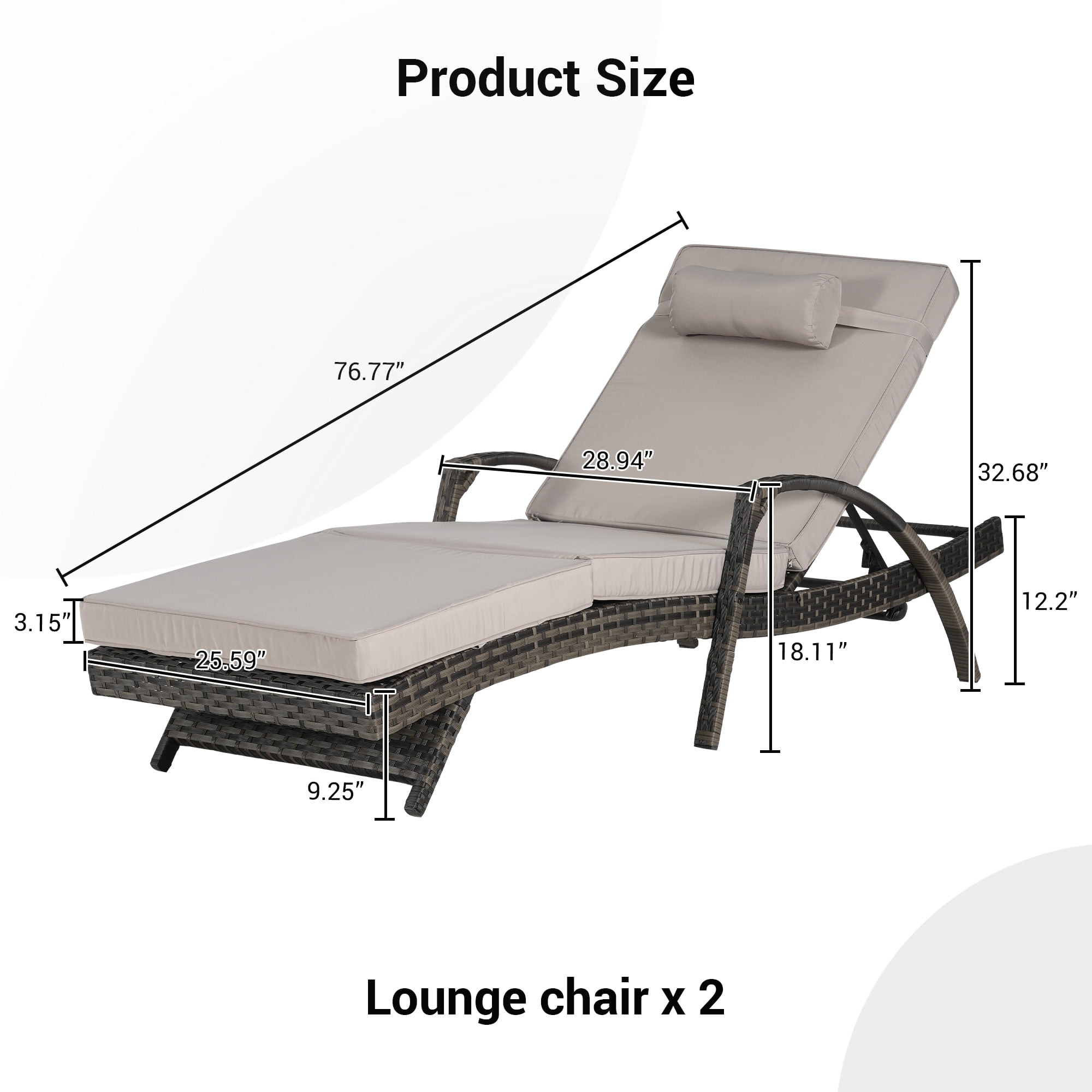 Leumius Outdoor Chaise Lounge Chair Set of 2,Wicker Reclining Lounge Chair with Cushions and Backrest Adjustable to 150° for Outside Pool Patio,Light Gray