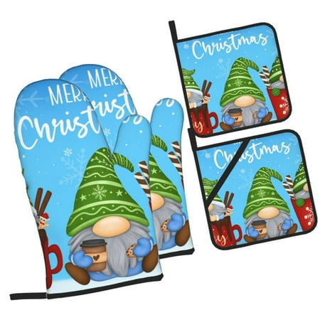 

Balery Merry Christmas Gnome Pattern Oven Mitts and Pot Holders 4 pcs Set Kitchen Oven Glove High Heat Resistant 500℉ Oven Mitts with Non-Slip Silicone Surface