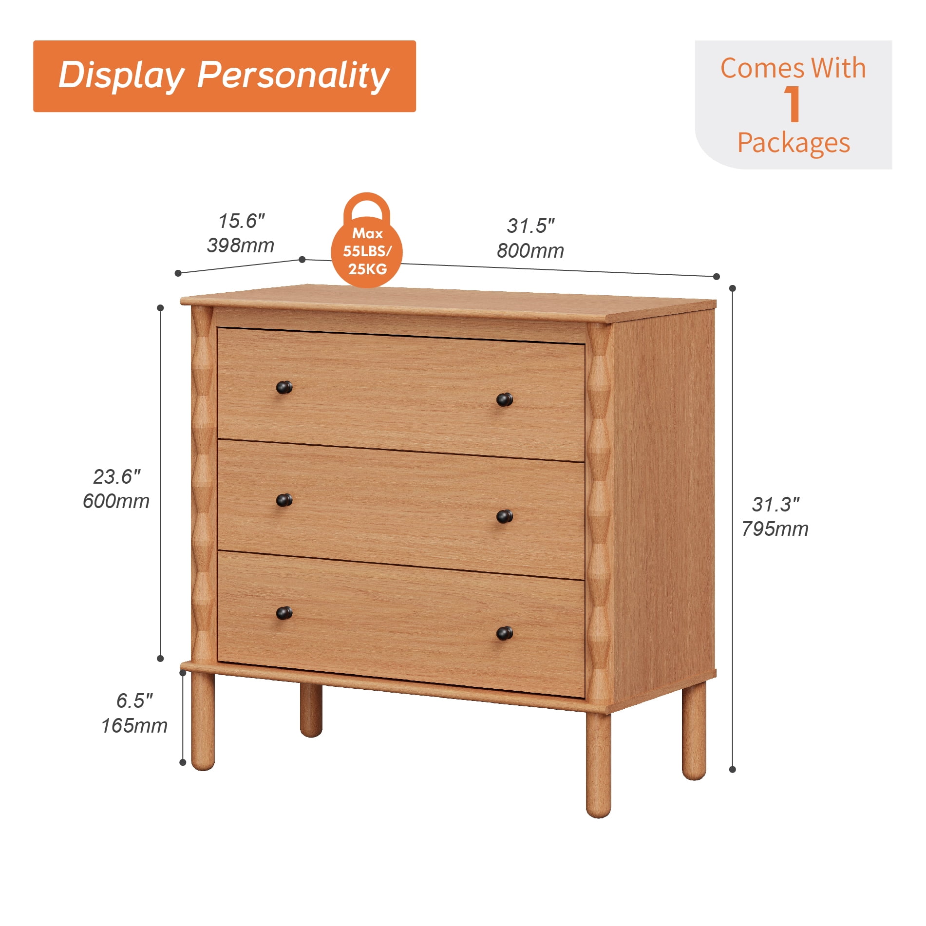 PRE-ASSEMBLED Drawer Glides & Anti-Tip Kit 3 Drawer Dresser for Bedroom，Brown