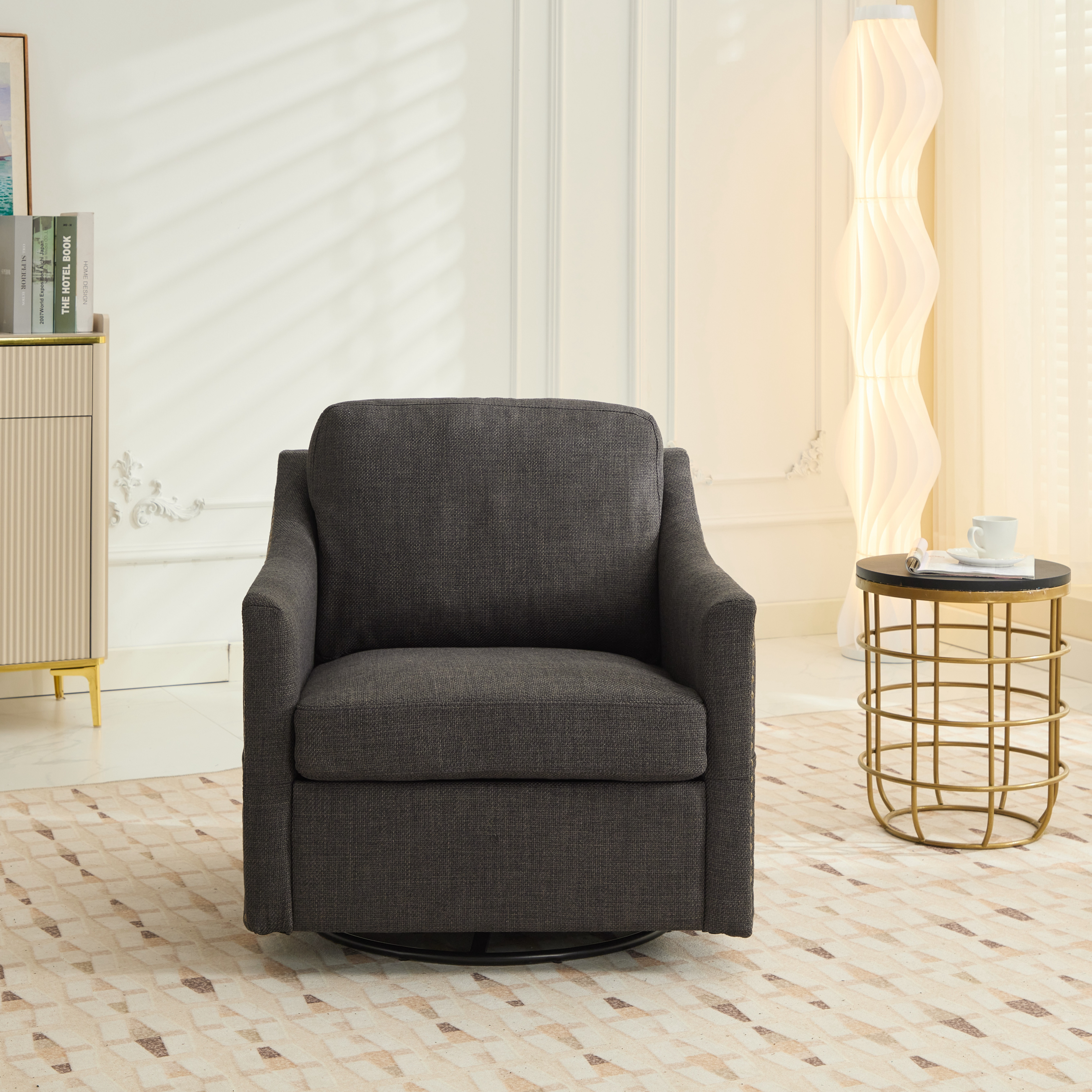 PORKISS Modern Swivel Accent Chair, 360 Rotating with USB & Magazine Pockets, Dark Gray