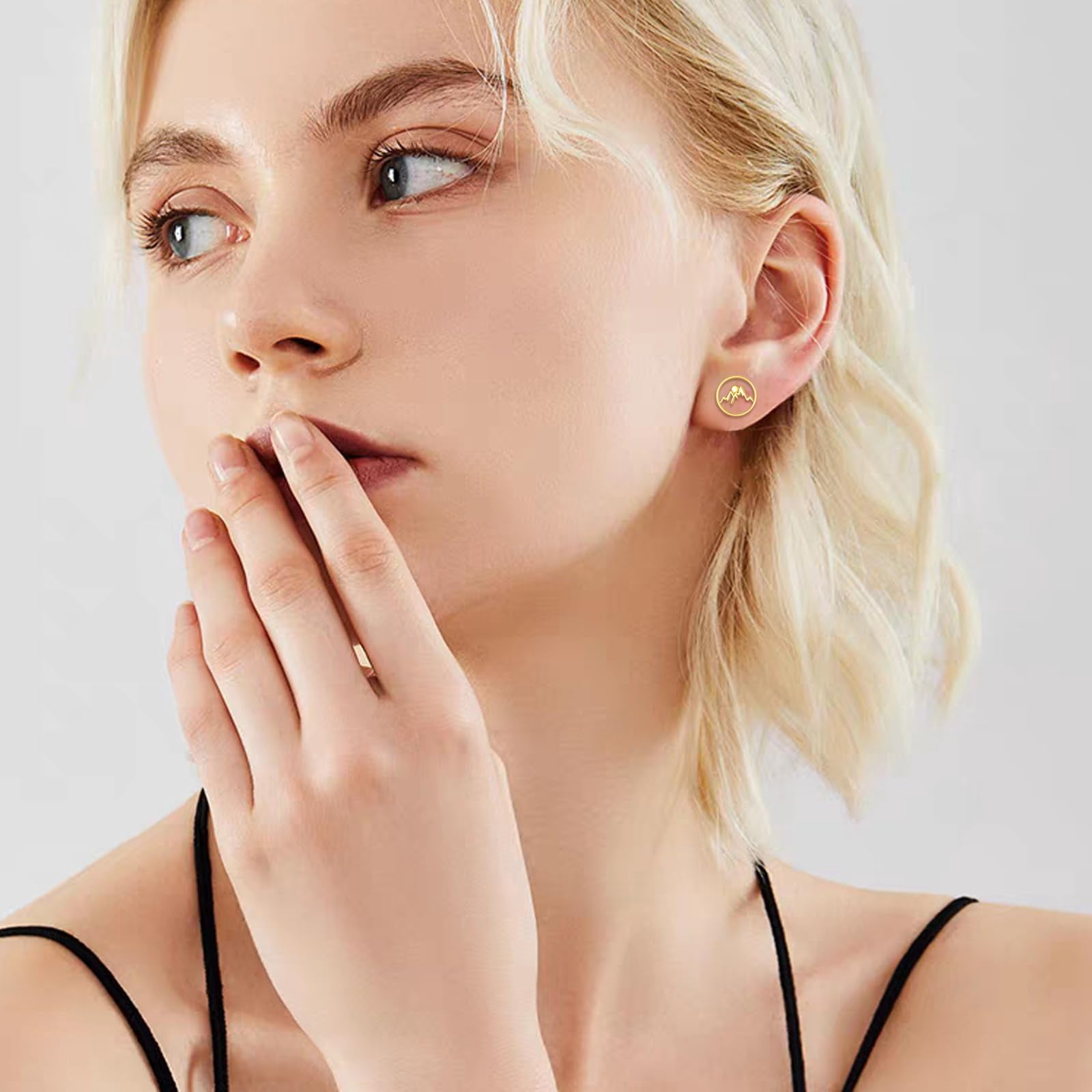 14K Solid Gold Mountain Earrings Real Yellow Gold Circle Faith Stud Jewelry Gifts for Women Minimalism Lovers