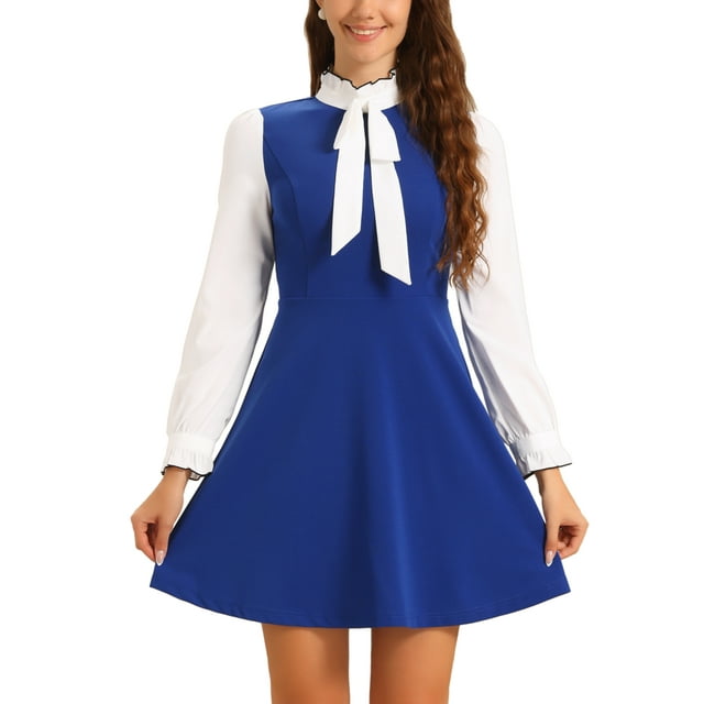 Vestidos con cuello de lazo para mujeres, vestido vintage de manga larga de los años 60, color contrastante M azul real
