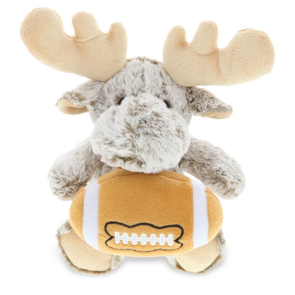 DolliBu Sitting Moose Stuffed Animal with Football Plush - Soft Plush Huggable Moose, Adorable Playtime Plush Toy, Cute Wildlife Gift, Football Plush Doll Animal Toy for Kids and Adults - 11 Inch