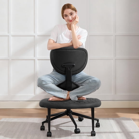 JONPONY Ergonomic Cross Legged Swivel Chair, ADHD Office Chair, Meditation Chair with Lumbar Support, Adjustable Height and Retractable footrest, Home and Office, Black