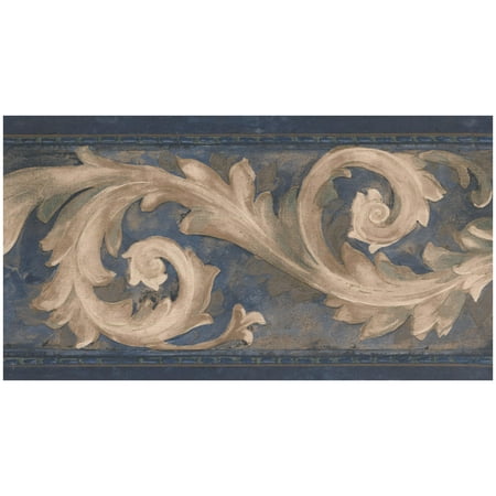 Navy Blue Walk - Prepasted Wallpaper Border - Beige Damask Vine Dark Blue Wall Border Retro Design, Roll 15 ft. x 7 in.