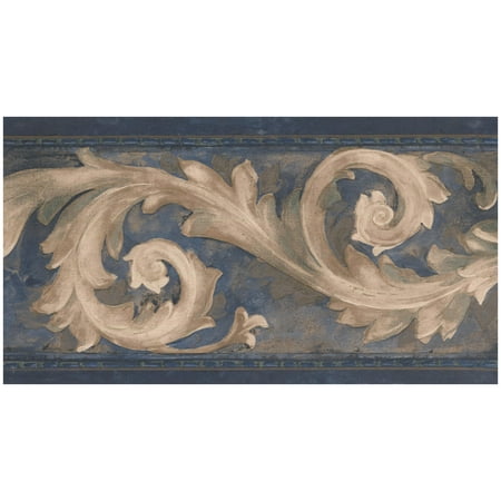 Prepasted Wallpaper Border - Beige Damask Vine Dark Blue Wall Border Retro Design, Roll 15 ft. x 7