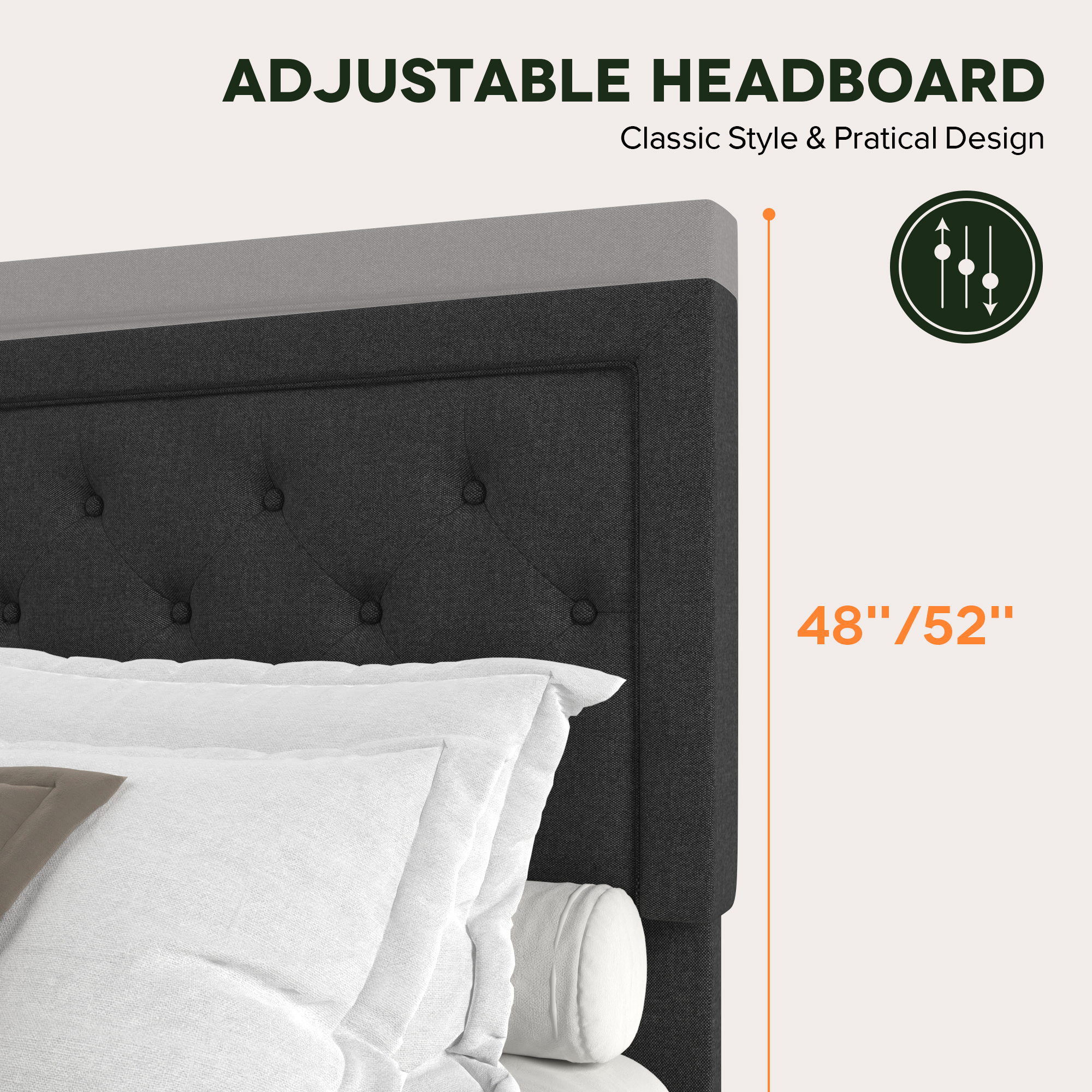 Amolife Queen Bed Frame with Adjustable Headboard, Fabric Upholstered Platform Bed, No Box Spring Required, Black