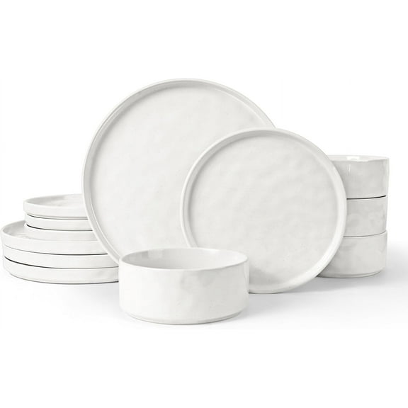 12-Piece Stoneware Dinnerware Set – Speckled Polar White Plates & Bowls for 4 – Microwave/Dishwasher Safe Kitchen Dining Set