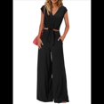 thumbnail image 2 of Conjuntos de Dos Piezas de Verano para Mujer 2025, Top Corto con Cinturón, Mangas y Cuello en V, Pantalones Anchos, Chándal Informal. Negro S, 2 of 8