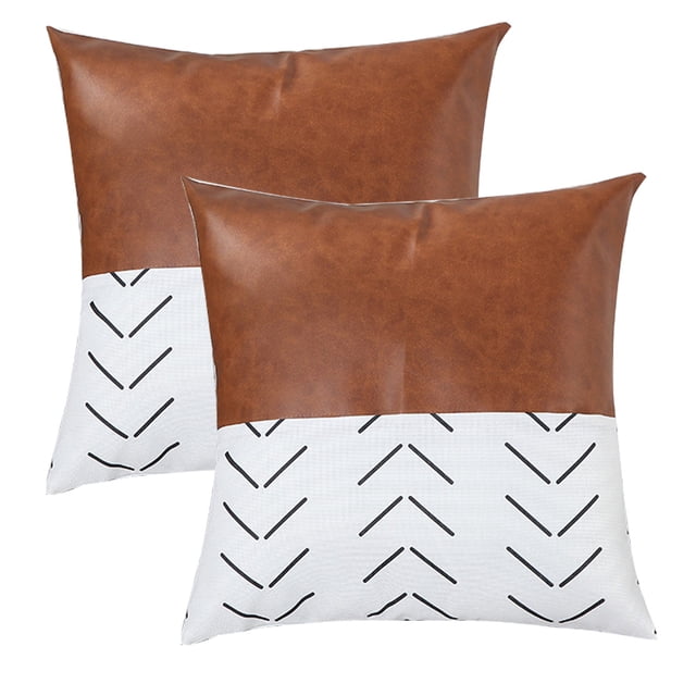 Juego de 2 fundas de almohada de lino con retazos a rayas, fundas de almohada modernas con acento de piel sintética, color negro