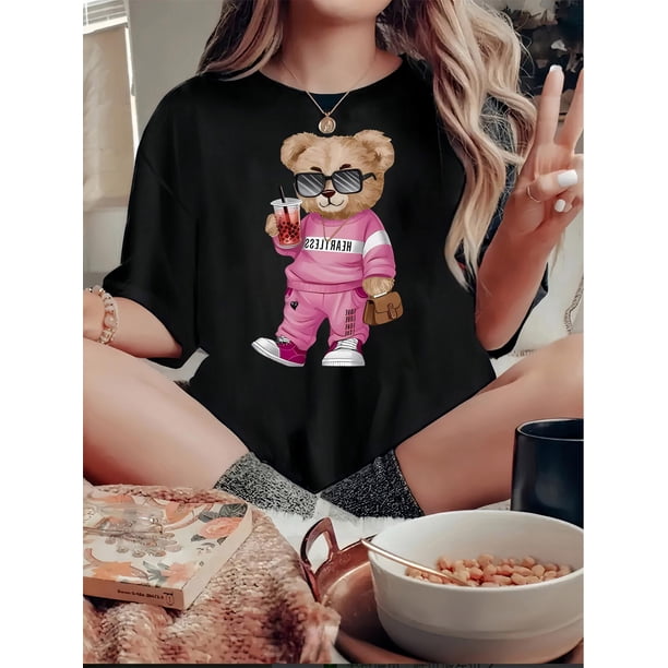 Camiseta de mujer de verano con Cuello RedondoWomen's Trendy Bear Print T-Shirt - Casual Crew Neck, Short Sleeve, Stretchy Polyester Blend, Machine Washable - Perfect for Summer & Casual AttireFathe