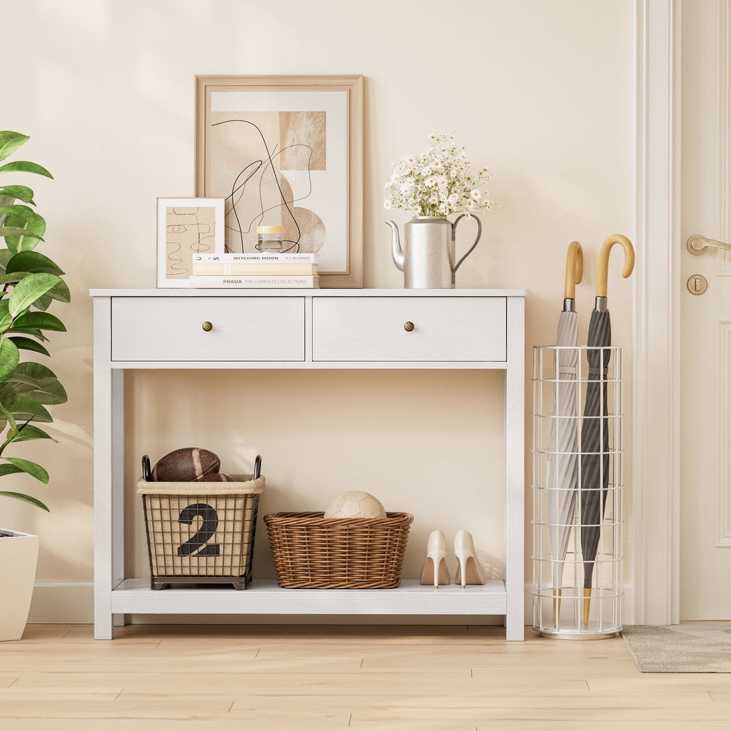 Aiho Console Table 39" with Drawers, Wood Entryway Table Hallway Table with Open Storage, Sofa Table for Living Room, Foyer and Corridor - White