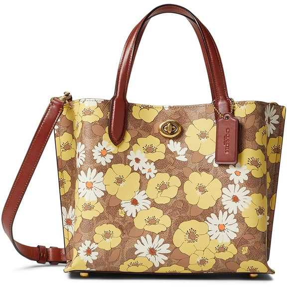 COACH Coated Canvas Signature with Floral Print Willow Tote 24 Tan/Rust Multi One Size