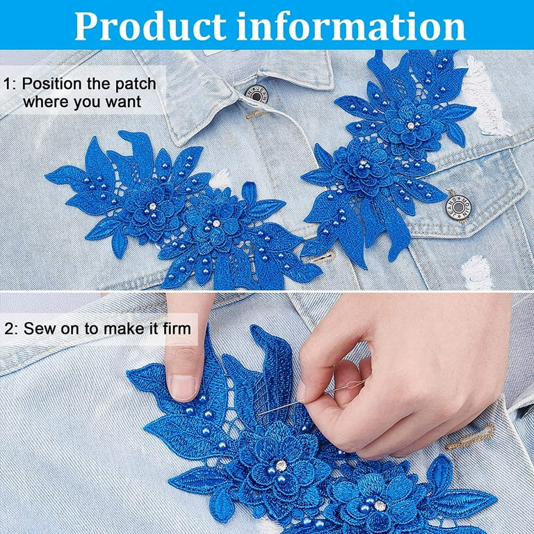 3D Floral Applique Blue Embroidered Flower W/Dark Blue Edging