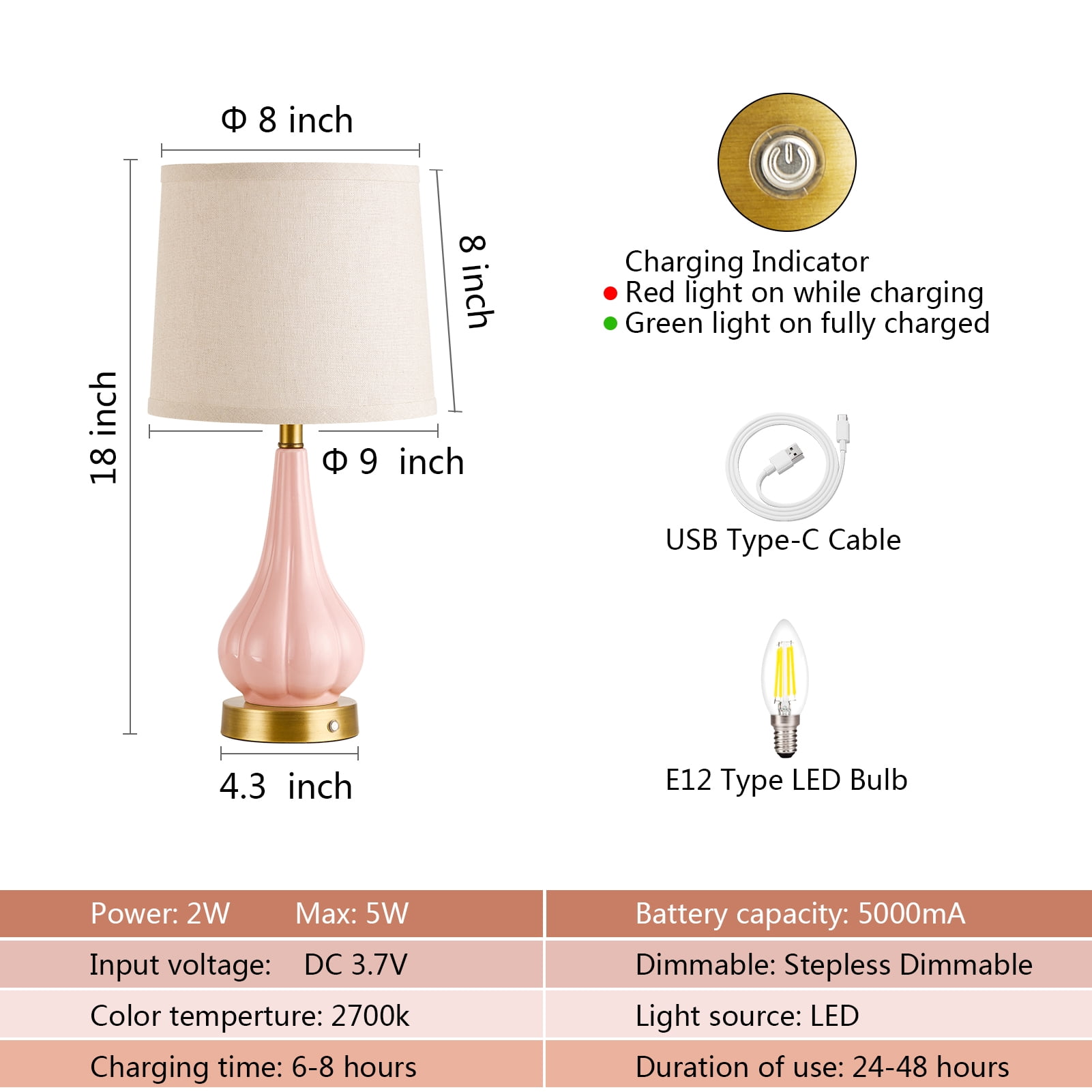 RORIA 18"Pink Ceramic Table Lamps Set of 2, Powered By a 5000mAh Rechargeable Battery, With Touch Controlled Dimming, Suitable for Living Rooms, Bedrooms, and Nightstands