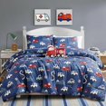 thumbnail image 2 of ESCA Fire Truck Navy Blue Reversible Comforter Set with Pillow Shams, Toy Throw Pillow Cushion - Full/Queen Sizes - All Season, 2 of 5