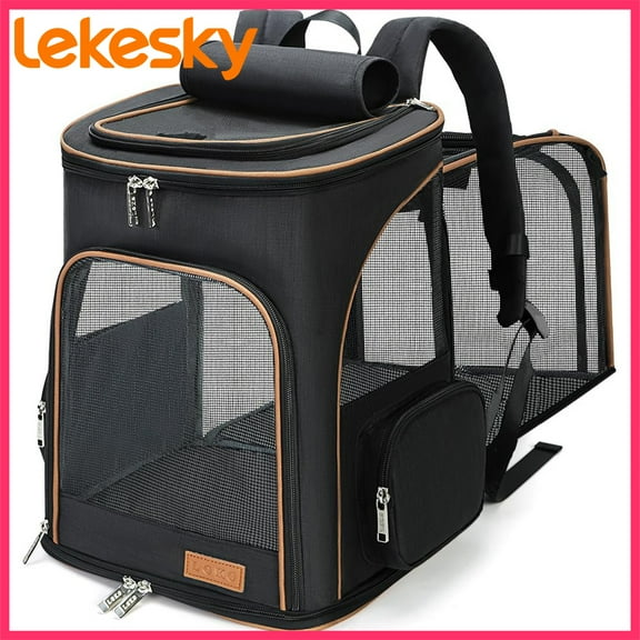 Lekesky - Large Cat & Dog Backpack Carrier (Up to 25Lbs) - Expandable, Airline Approved, Safety Leash, 3 Sizes | Black