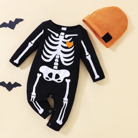 GiLiling Newborn Halloween Romper Baby Skeleton Jumpsuit Long Sleeve One Piece Outfit with Hat 2 Piece Set for Holiday Wear (Black, 3-6 Months)
