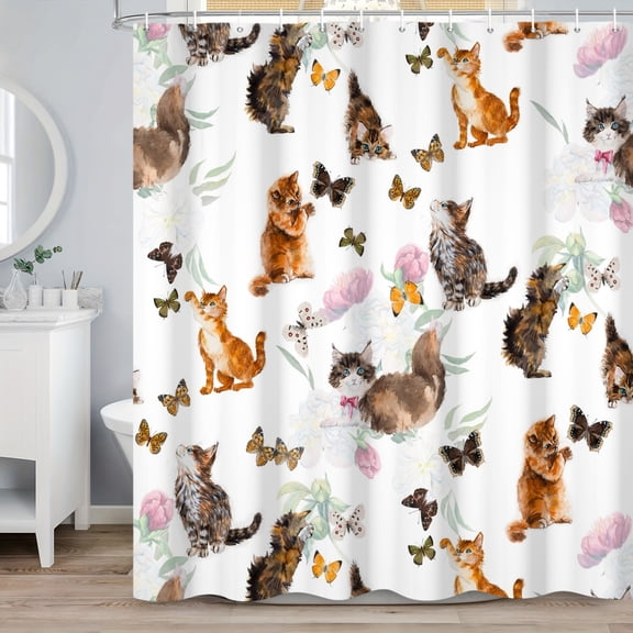 MIZHONA Funny Cats Shower Curtains for Kids Bathroom Decor Cats with Butterfly Bathroom Curtain 72"x72"