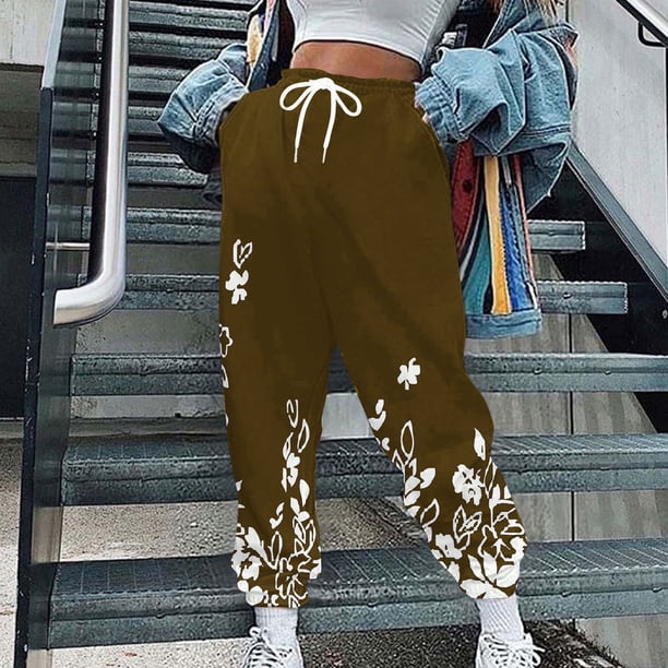 Puntoco Moda Casual Para Mujer Bolsillos Estampados No Posicionados Cintura Elástica Cordón Leggings Pantalones De Chándal Pantalones Marrón L