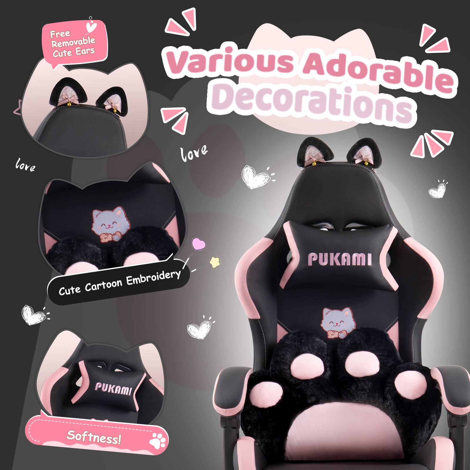 Waleaf Pink Gaming Chair with Cat Paw Lumbar Cushion and Cat Ears for Girls, Reclining Office Computer Chair with Footrest for Adults, Teens