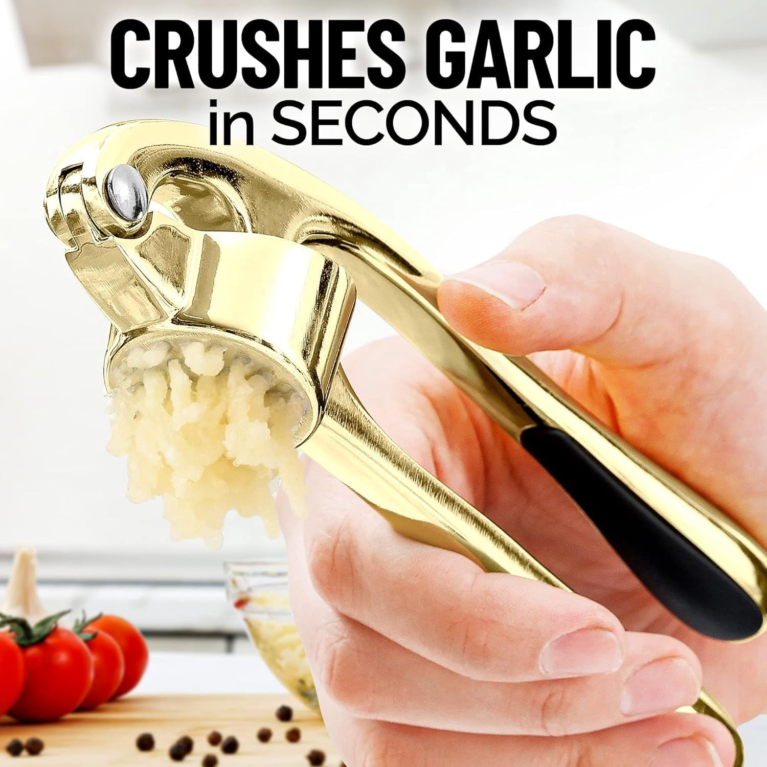 Kitchen Premium Garlic Press with Soft Easy to Squeeze Handle Includes Silicone Garlic Peeler and Cleaning Brush 3 Piece Garlic Mincer Tool Sturdy Easy to Clean Garlic Crusher Gold