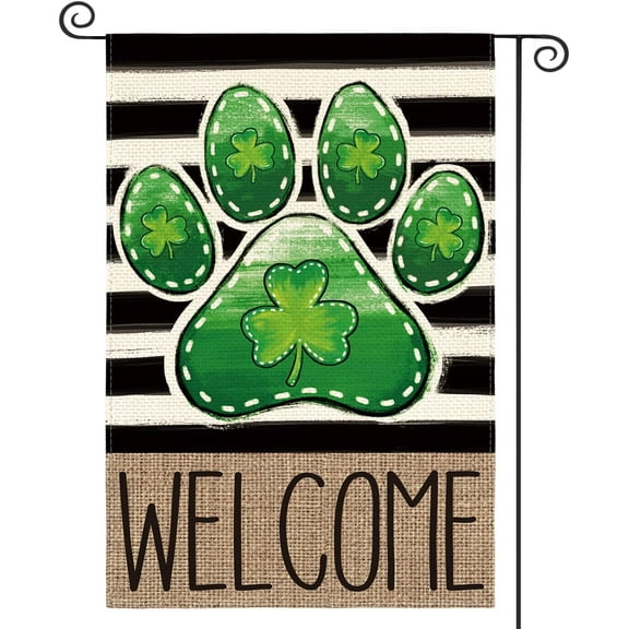 Shmbada Paw Print St Patricks Day Garden Flag 12x18 Inch Double Sided Outside, Shamrocks Clovers Welcome Stripes Yard Outdoor Decoration
