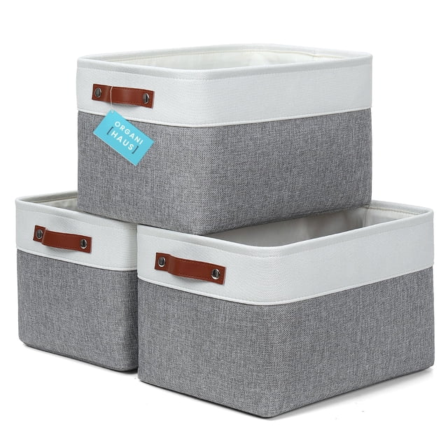 Cestas de almacenamiento OrganiHaus, tamaño grande, 3 unidades, para estantes, color gris y blanco