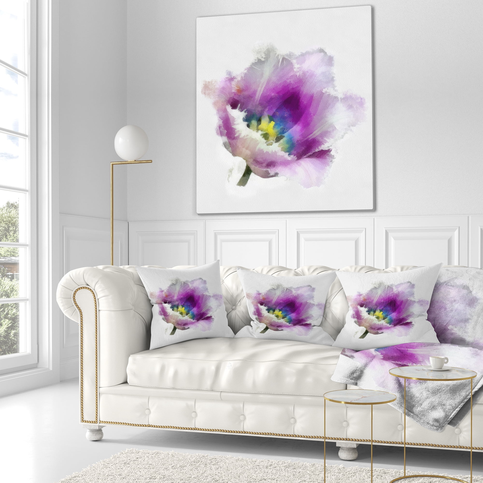 Designart Purple Watercolor Tulip Flower - Floral Throw Pillow - 18x18