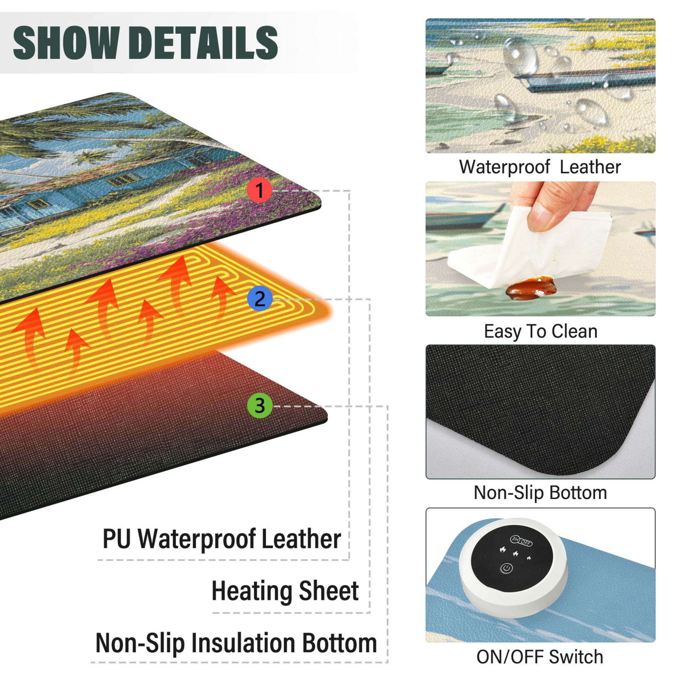 Large Heated Desk Mat Mouse Pad 31.5"x13"PU Leather Graphene Heating Desk Warmer with 3 Temperature Settings 110V US Plug Non-Slip Warm Pad for Home, Office, and Gaming Tropical Beach Hut Escape