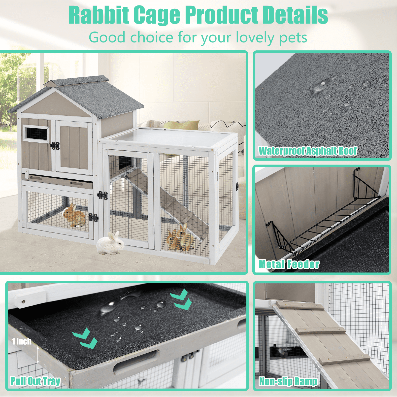 PETSCOSSET Rabbit Hutch Bunny Cage Indoor, Two-Story Large Rabbit Cage Guinea Pig House with Tray, Gray