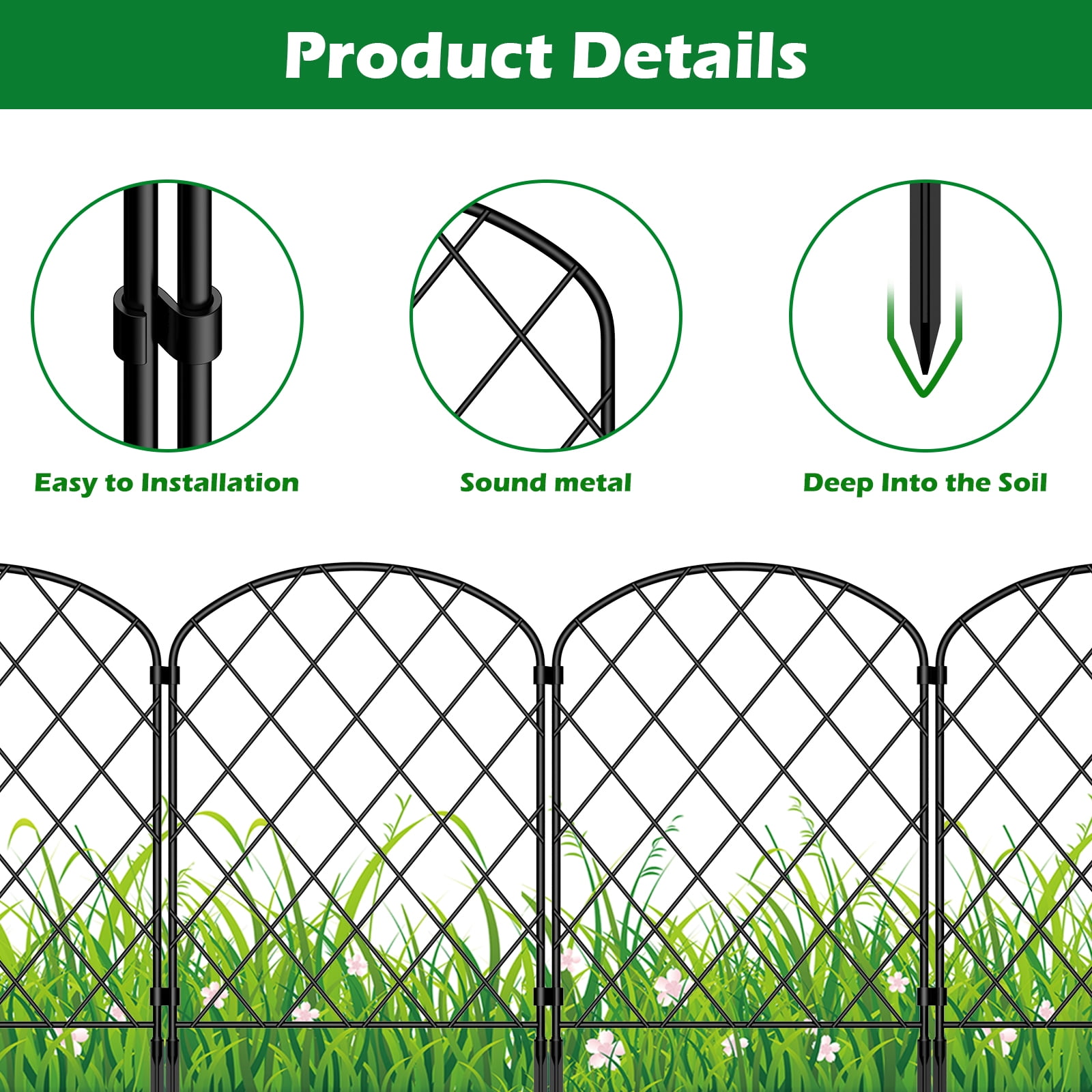 30‑Pack Black Metal Garden Fence, Arched Diamond Pattern Decorative Animal Barrier with Plastic Stakes