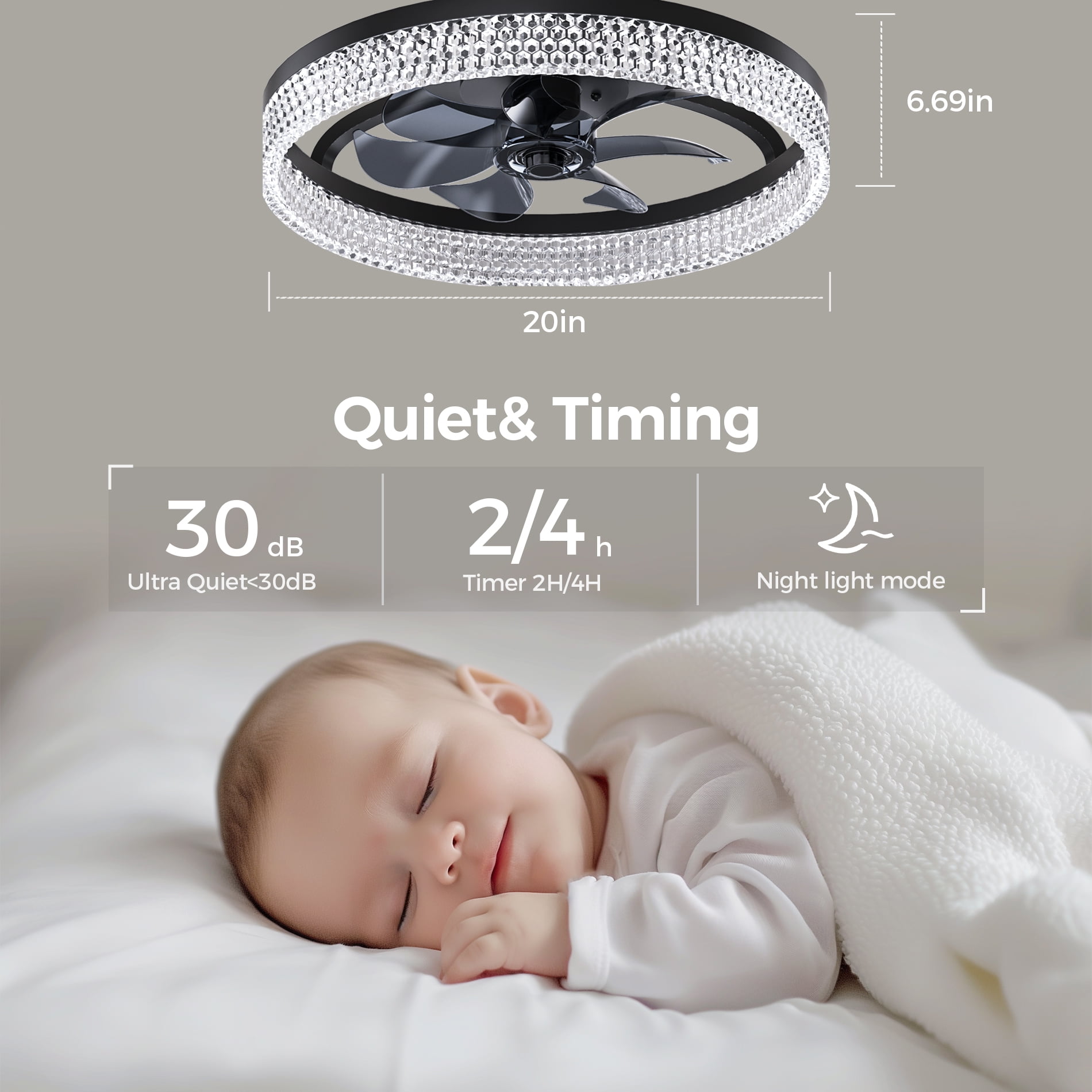 XAUJIX Ceiling Fan with Light and Remote, 20" Dimmable Low Profile Ceiling Fan, 6 Speeds Fan Light, Bladeless Modern Smart Ceiling Fans with Lights for Bedroom
