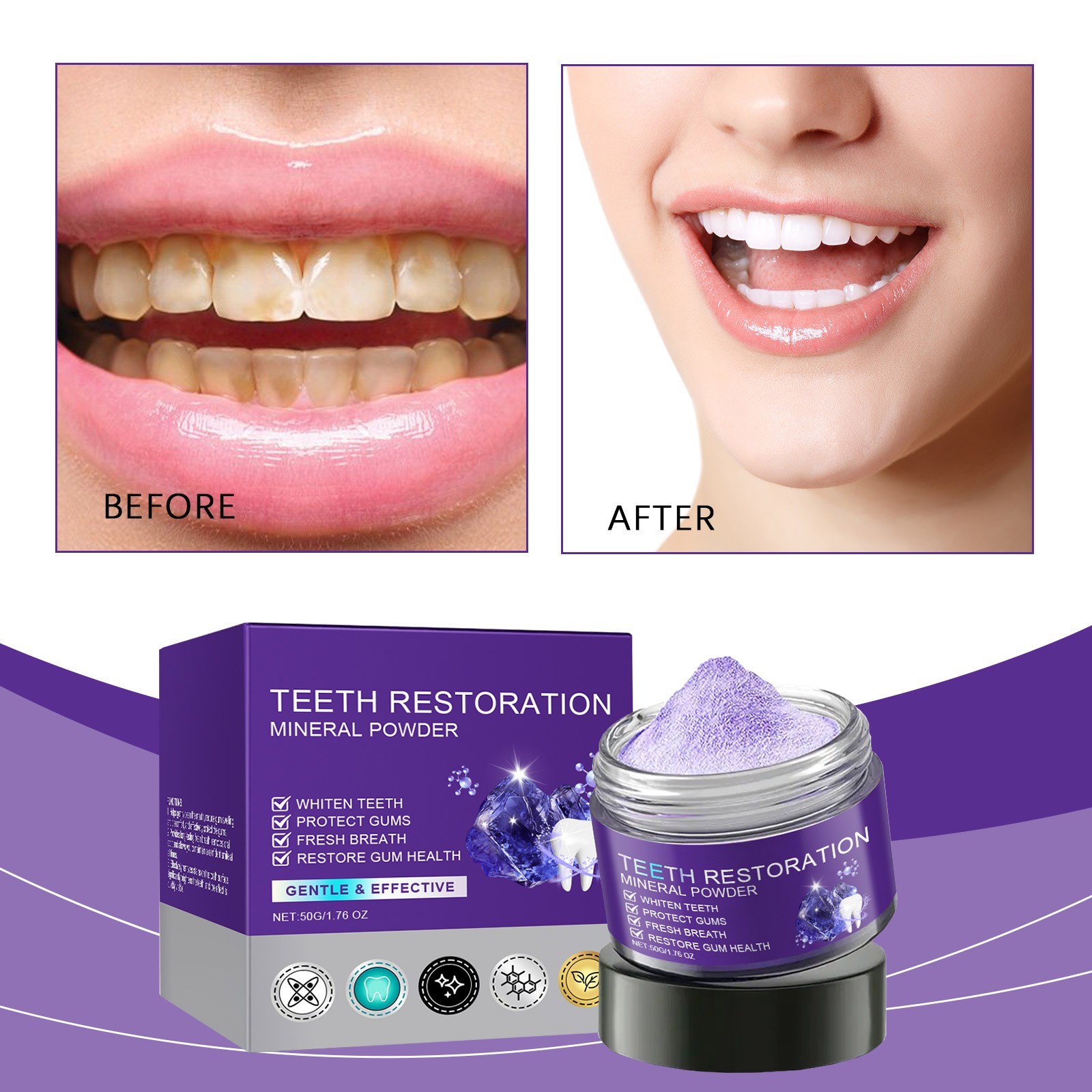 Purple Teeth Restoration Mineral Powder,Effective in Strengthening Teeth and Gums,Gently Cleanse For Oral Protect Gums and Freshen Breath for Daily Use