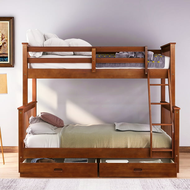 Storage Drawers Solid Wood Bunk Bed, Twin Over Full Solid Wood Bunk Bed