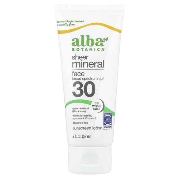 Alba Botanica Sheer Mineral Face Sunscreen Lotion, SPF 30, Fragrance Free, 2 fl oz (59 ml)
