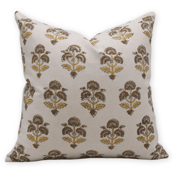Fabdivine Block Print Throw Pillow Cover, 20x20 Inch Duck Canvas Handmade Cushion Cover, Floral Print Boho Design Grey Pillow Cover for Sofa and Couch