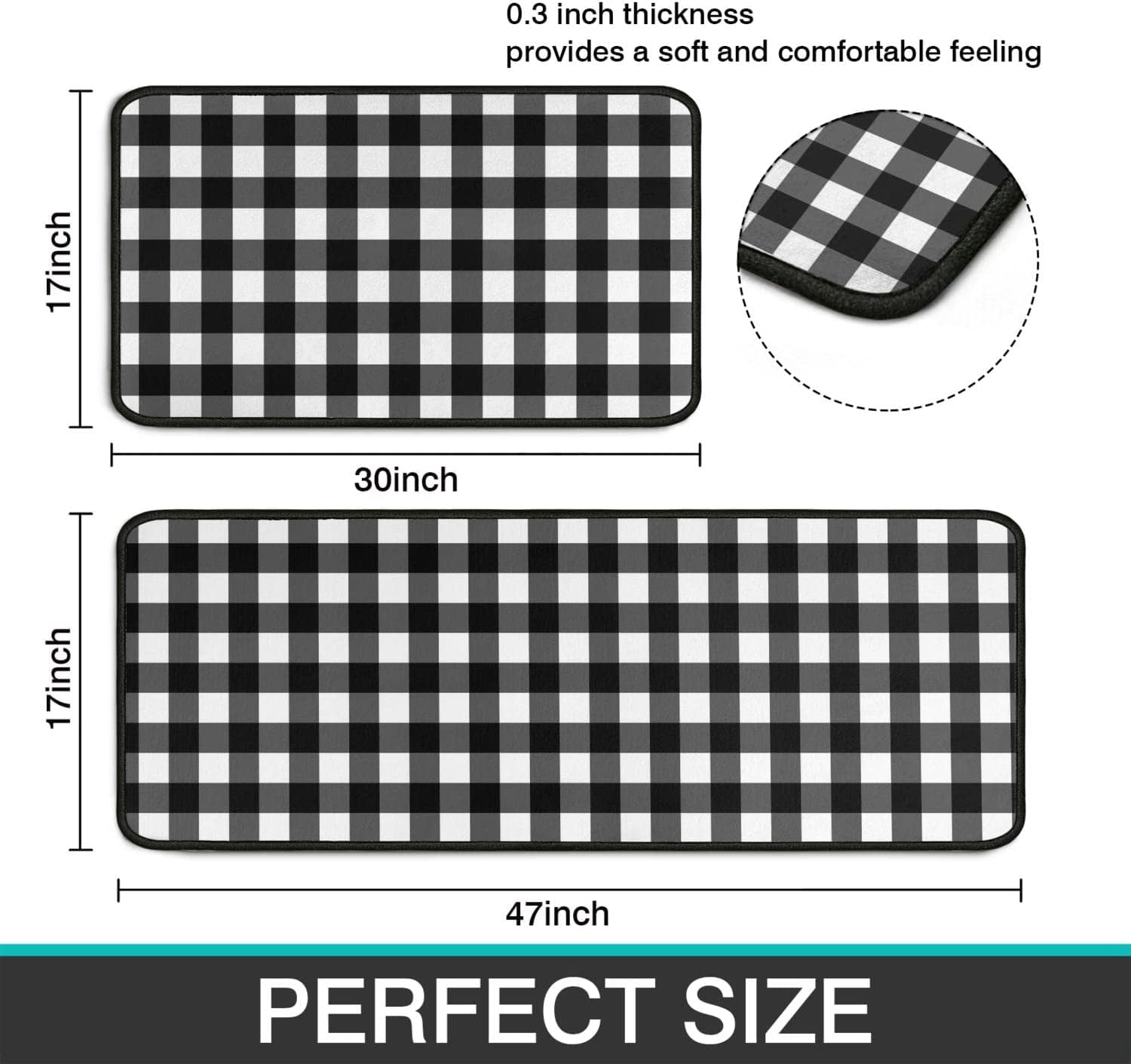 2 Pieces Buffalo Plaid Kitchen Rugs Set Farmhouse Decor Kitchen Mat Black and White Rug, Water Absorb Microfiber Washable Runner Rugs Decoration Checkered Mats,17"x 47"+17" x 30"