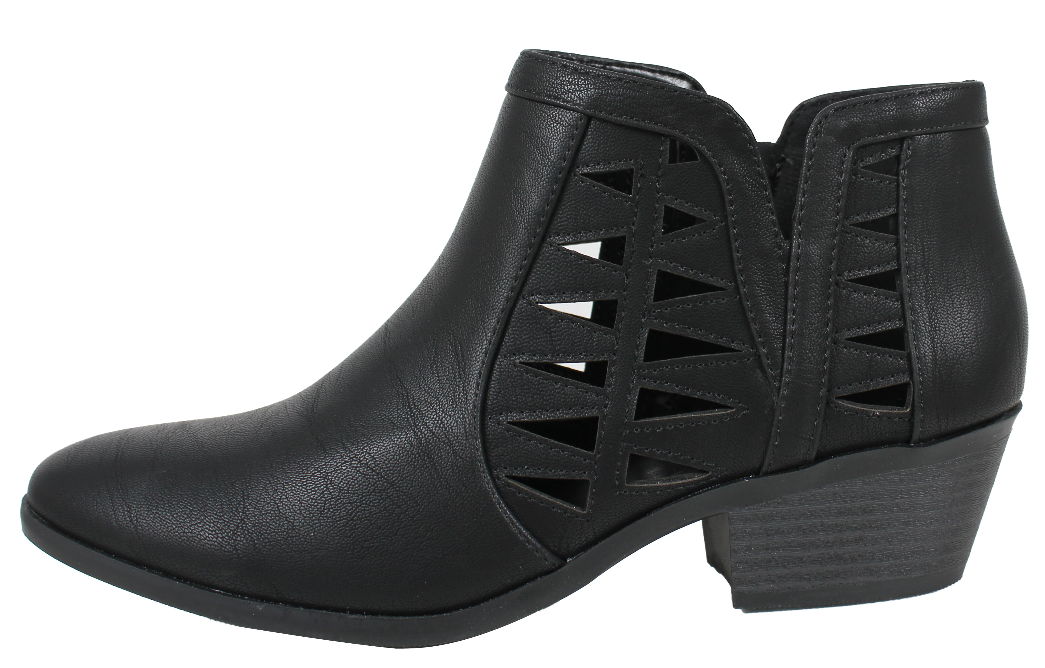 Soda Girls Triangle Cutout Side Chunky Stacked Heel Ankle Boot