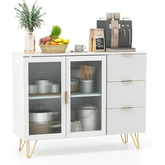 LOKO Kitchen Buffet Cabinet, Sideboard Storage Cabinet with 2 Tempered Glass Doors & 3 Large Drawers, Modern Coffee Bar Cabinet for Kitchen, Living Room, White
