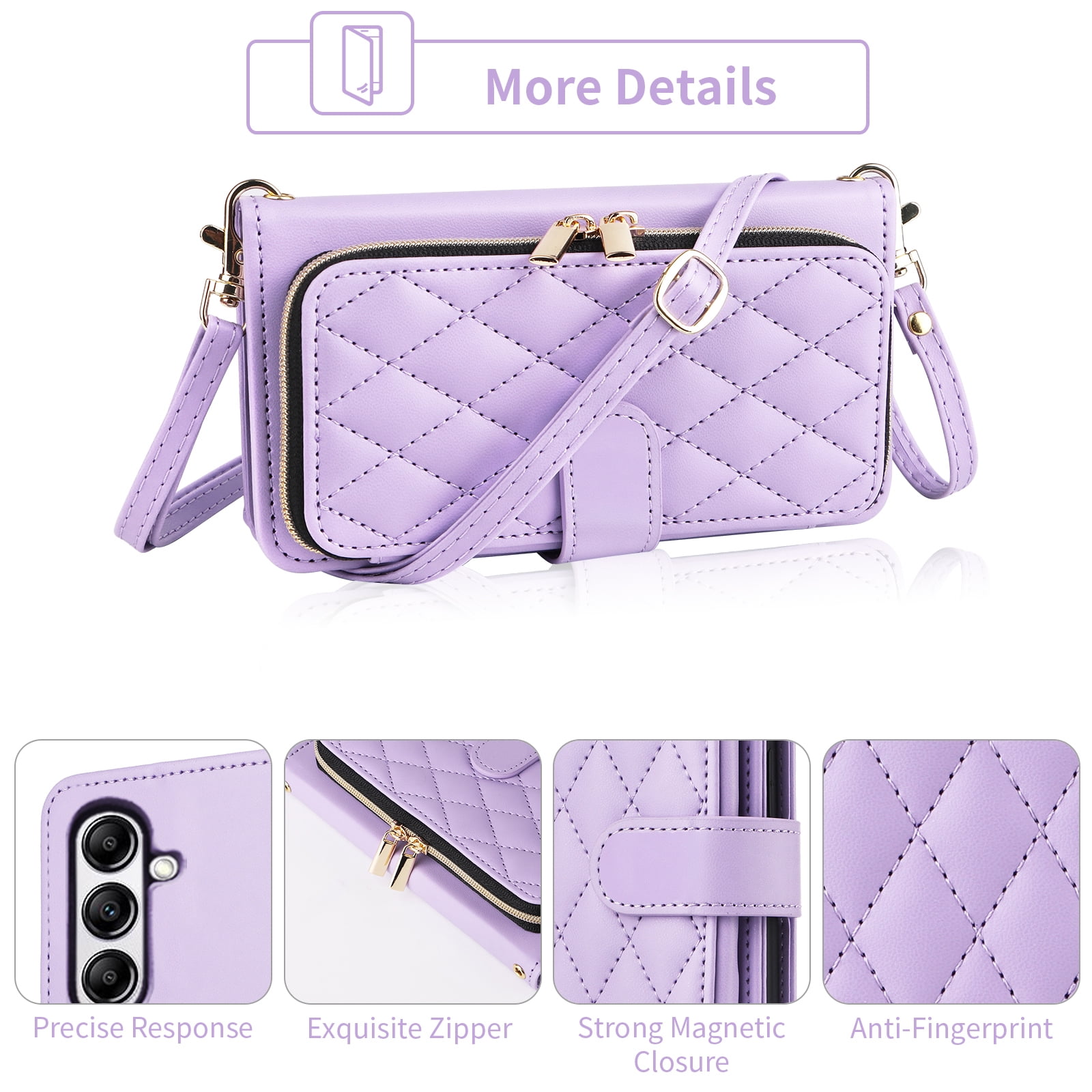 Furiet Argyle Wallet Case for Samsung Galaxy A16 5G/4G with Wrist Strap Shoulder Strap, 9+ Card Slots Zipper Purse Luxury PU Leather Stand Checkered Cell Phone Cover for A 16 Women Girls Purple