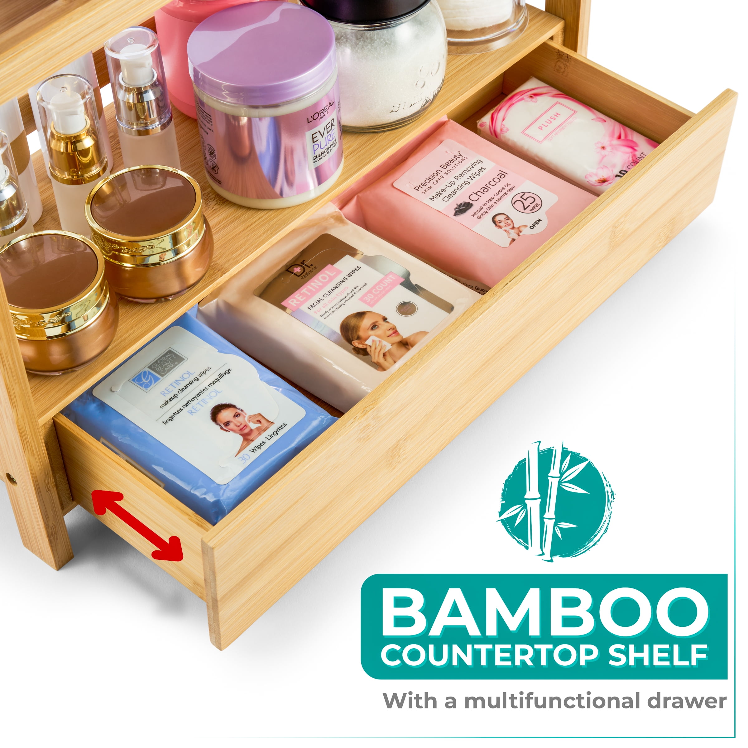 Sorbus 2-Tier Bamboo Shelf with Hidden Drawer - Bathroom Storage