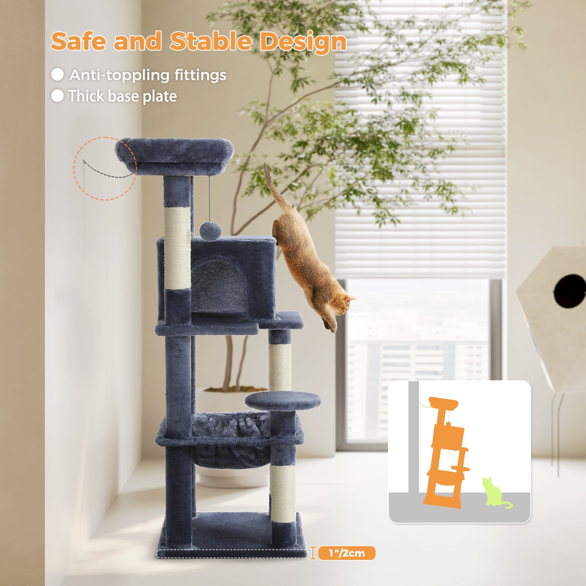 PEQULTI 45.7" Multi-Level Cat Tree Large Cat Tower Indoor with Condo and Hommock Dark Gray