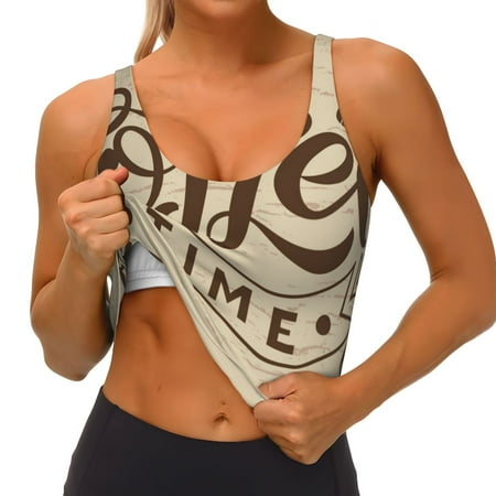 Qokaie Coffee Time (2) Pattern Womens Scoop Neck Sports Bra Breathable Workout Vest Padded U Back Medium Impact Fitness Gym Yoga Bra Workout Crop Top