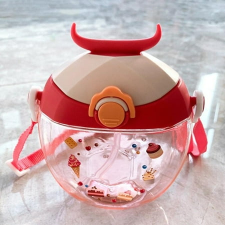 

[CLEARANCE sales]Children s Donut Plastic Kettle Rope Pupils Cup Cute Round Kindergarten Drinking Straw Cup Rose Red