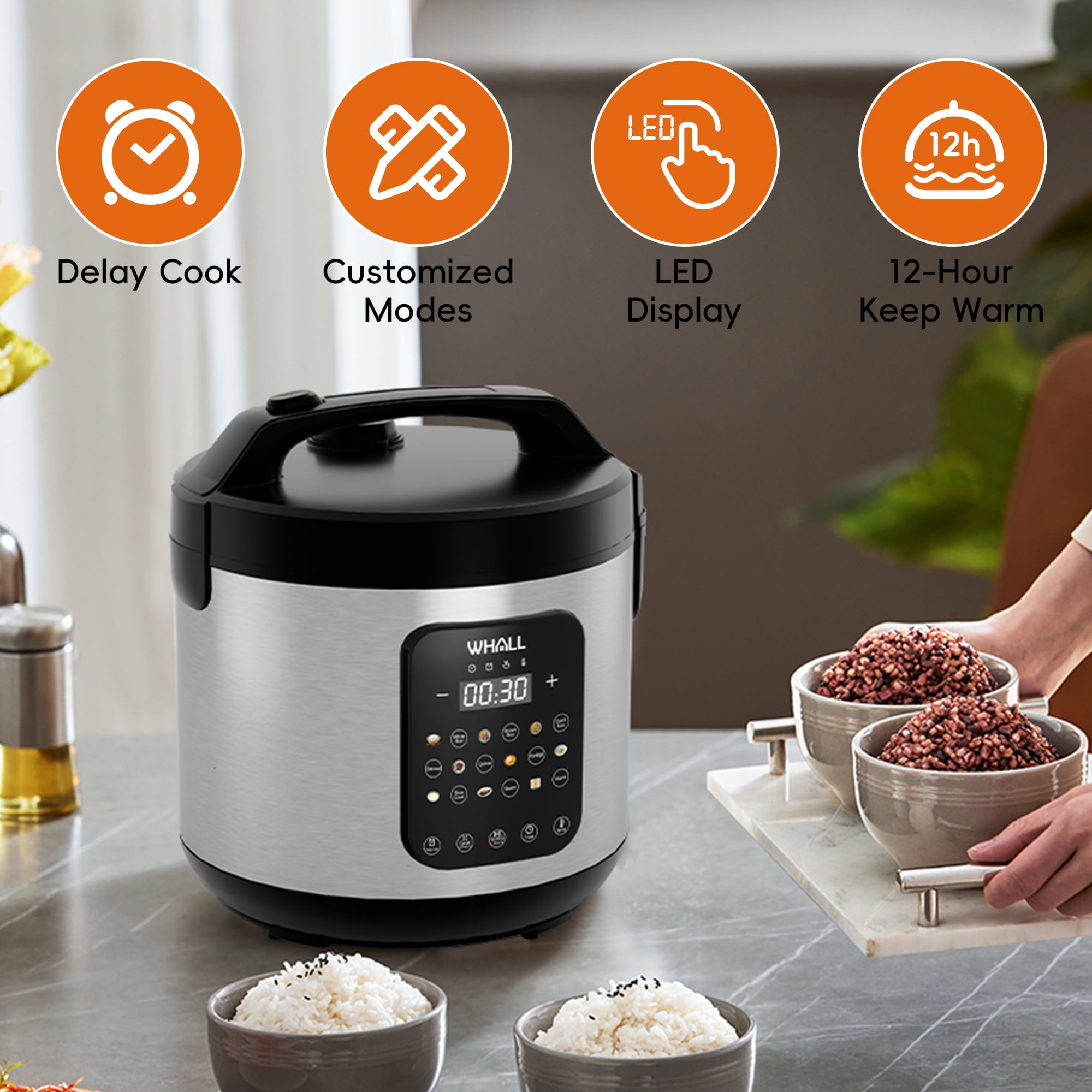 WHALLSE Digital Rice Cooker – 10-Cup Uncooked / 20-Cup Cooked Capacity, Multi-Function Steamer, Slow Cooker, Oatmeal Setting, Auto Keep Warm Feature, 5 Qt, Stainless Steel New