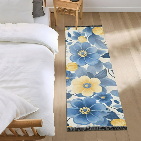 Delicate Blue and Yellow Flowers Bedside Runner Rug 2'x 6' Non Slip Carpet Floor Mat Area Rug